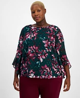 Kasper Plus Crewneck 3/4-Bell-Sleeve Blouse