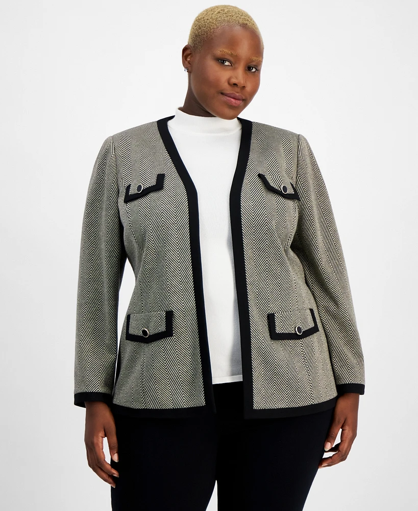 Kasper Plus Herringbone Open-Front Jacket