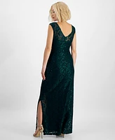 Connected Petite Boat-Neck Sleeveless Sequin Gown