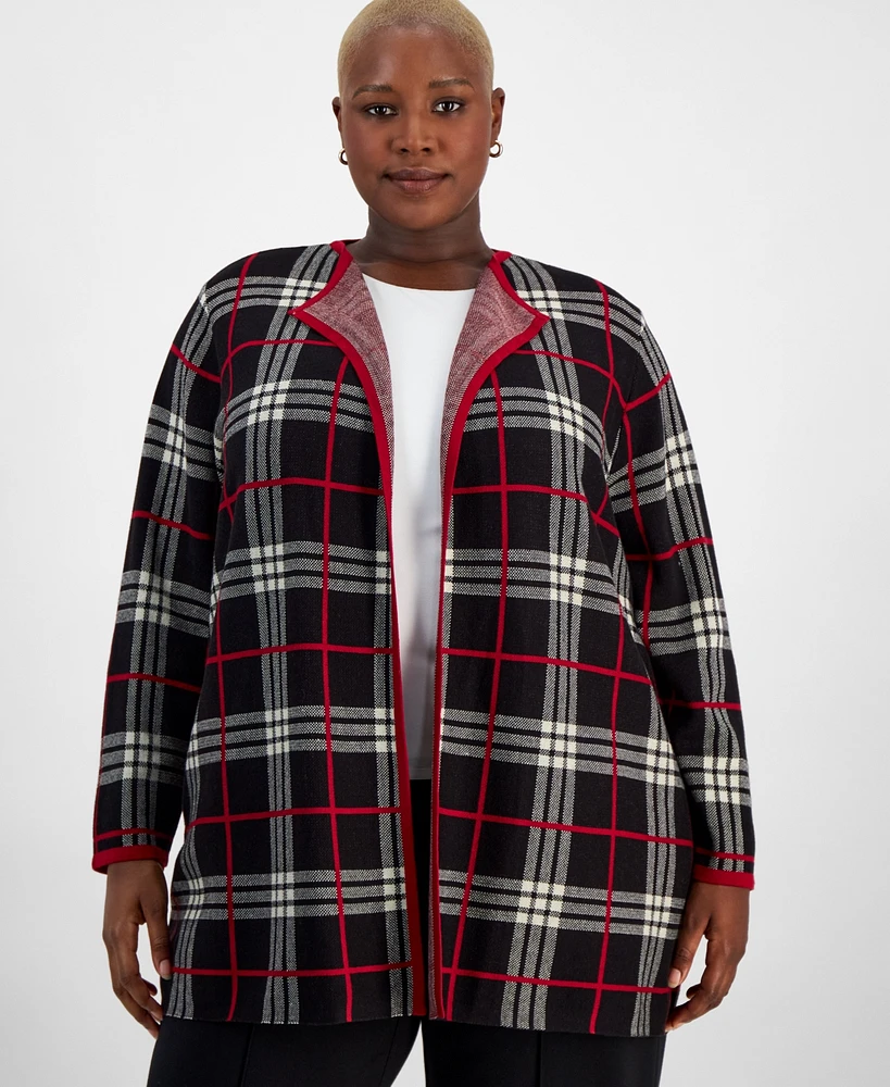 Kasper Plus Open-Front Plaid Long-Sleeve Cardigan