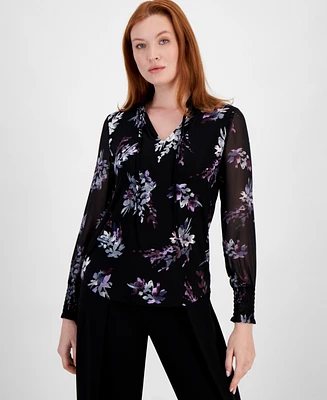 Anne Klein Women's Floral-Print Tie-Neck Blouse