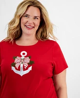 Holiday Lane Plus Anchor Short-Sleeve Top, Created for Macy's