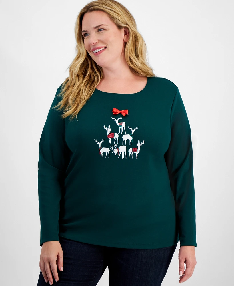 Holiday Lane Plus Deer Celebration Long-Sleeve Top, Created for Macy's