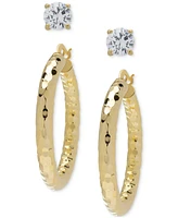 2-Pc. Set Lab-Grown White Sapphire Stud & Textured Medium Hoop Earrings (2-1/10 ct. t.w.) in 14k Gold-Plated Sterling Silver