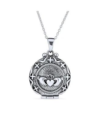 Bling Jewelry Bff Lucky Clover Round Celtic Irish Round Memorial Momenta Diffuser Claddagh Locket Necklace For Women Oxidized Sterling Silver