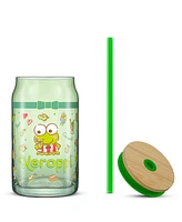 JoyJolt Hello Kitty and Friends Favorite Flavor Keroppi Can Shaped Glass Tumbler with Wood Lid and Straw