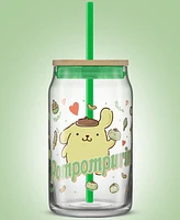 JoyJolt Hello Kitty and Friends Favorite Flavor Pompompurin Can Shaped Glass Tumbler with Wood Lid and Straw