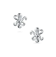 Bling Jewelry Delicate Tiny Nautical Vacation Honeymoon Ocean Marine Life Sea Creature Squid Octopus Stud Earrings For Women Sterling Silver