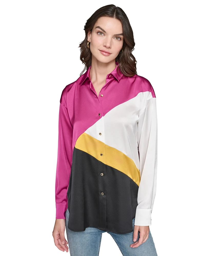 Karl Lagerfeld Paris Women's Colorblocked Satin Button-Front Top