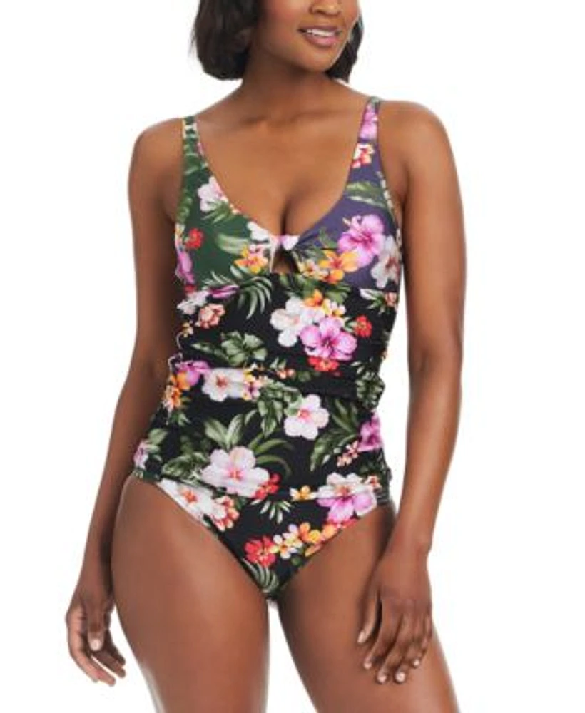 Bar Iii Womens Printed Twist Front Shirred Tankini Top Floral Print Side Tab Hipster Bottoms Created For Macys