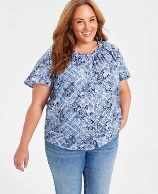 Style & Co Plus Printed Round-Neck Flutter-Sleeve Top, Created for Macy's