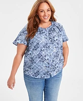 Style & Co Plus Printed Round-Neck Flutter-Sleeve Top, Created for Macy's