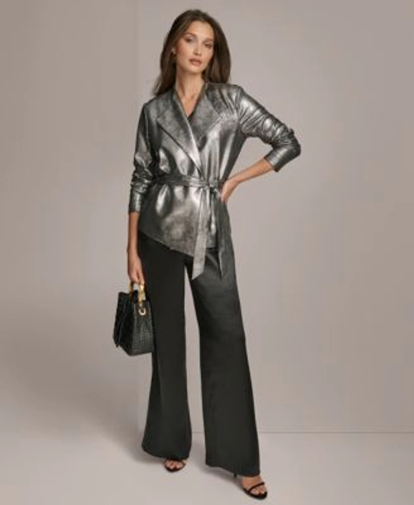 Donna Karan Belted Metallic Jacket Wide Leg Satin Pants