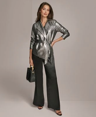 Donna Karan Belted Metallic Jacket Wide Leg Satin Pants