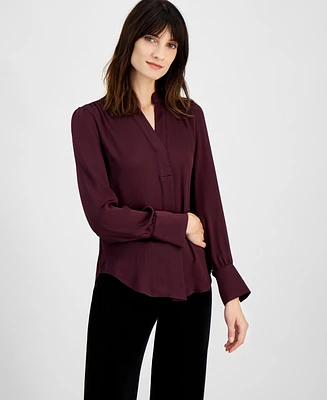 Anne Klein Women's Textured Split-Neck Long-Sleeve Top