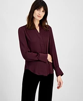 Anne Klein Women's Textured Split-Neck Long-Sleeve Top