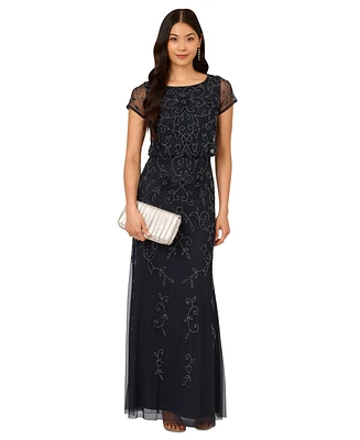 Adrianna Papell Women's Boat-Neck Short-Sleeve Beaded Blouson Gown