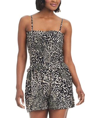 Bar Iii Women's Printed Smocked-Top Cover-Up Romper, Created for Macy's