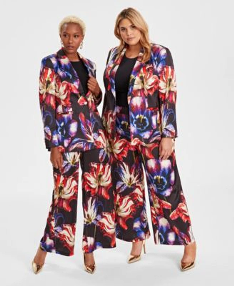 I.N.C. International Concepts Womens Printed Satin Blazer High Rise Wide Leg Pants Created For Macys