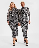 Bar Iii Trendy Plus Zebra-Print Mock-Neck Mesh Dress, Created for Macy's