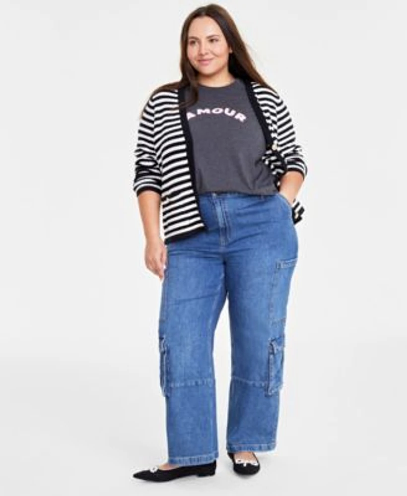 On 34th Trendy Plus Size Cotton Button Front Cardigan Amour Graphic Crewneck T Shirt Wide Leg Cargo Jeans Created For Macys