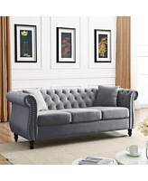 Streamdale Furniture Grey Velvet Tufted 3-Seater Sofa with Pillows