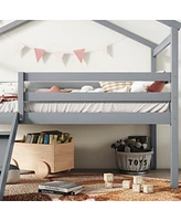 Streamdale Furniture Twin Low Loft House Bed With Slide, Ladder, Safety Guardrails, House Roof Frame, Grey