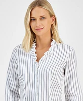 Anne Klein Women's Striped Ruffle-Trim Button-Front Cotton Shirt