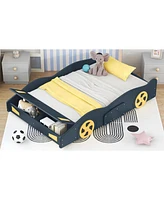 Streamdale Furniture Full Size Race Car-Shaped Platform Bed With Wheels And Storage, Dark Blue+Yellow