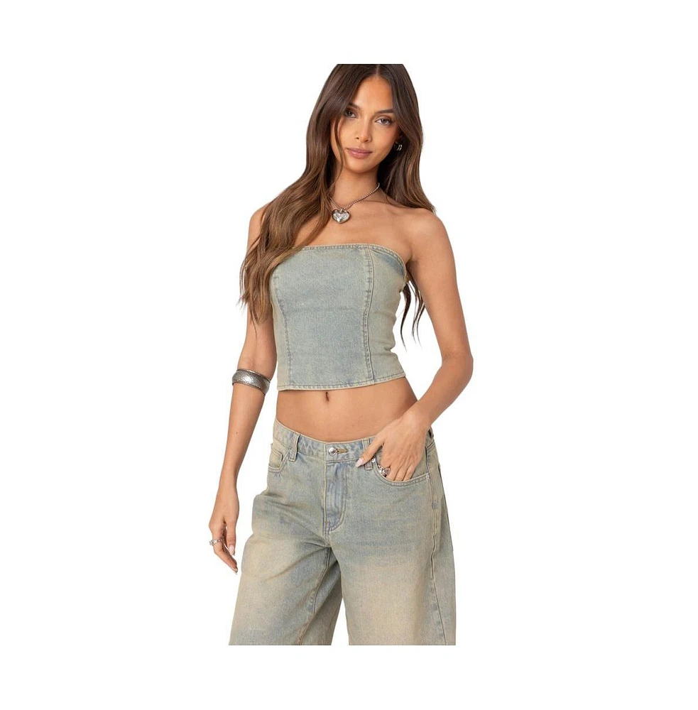 Edikted Women's Shira washed denim tube top - Blue