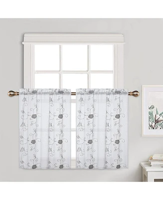 Caromio Floral Embroidered Voile Sheer Kitchen Tier Curtain Pair