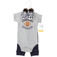 Hudson Baby Boys Cotton Bodysuit, Pant and Shoe Set, Football Huddles Short Sleeve, 0-3 Months