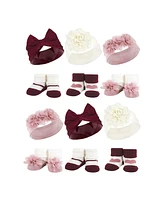 Hudson Baby Infant Girl 12Pc Headband and Socks Giftset, Burgundy Blush, One Size