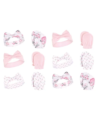 Hudson Baby Baby Girls 12Pc Headband and Scratch Mitten Set, Pink Floral, 0-6 Months