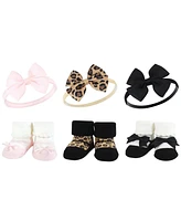 Hudson Baby Infant Girl 12Pc Headband and Socks Giftset, Leopard Black Silver, One Size