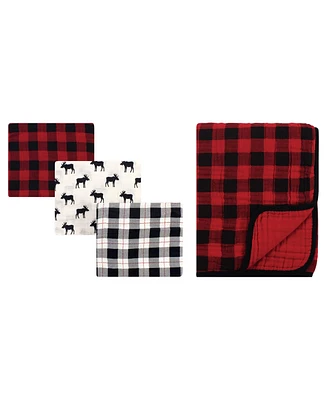 Hudson Baby Infant Boy Muslin Swaddle Blanket 3Pc and Tranquility Blanket, Moose Buffalo Plaid, One Size