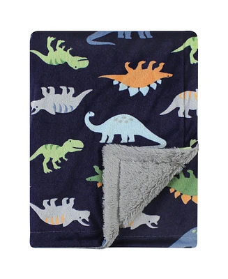 Hudson Baby Infant Boy Plush Blanket with Furry Binding and Back, Dinosaurs, One Size