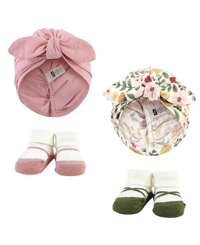 Hudson Baby Infant Girl Turban and Socks Set, Fall Botanical, One Size