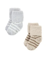 Hudson Baby Boys Cozy Chenille Newborn and Terry Socks, Gray Taupe Stripe, 0-6 Months