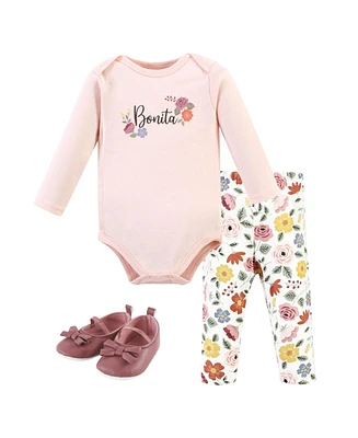 Hudson Baby Girls Cotton Long-Sleeve Bodysuit, Pant and Shoe Set Love Flowers, 6-9 Months