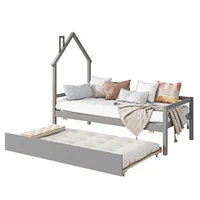 Streamdale Furniture Twin Wooden Daybed With Trundle, Twin House-Shaped Headboard Bed With Guardrails, Grey