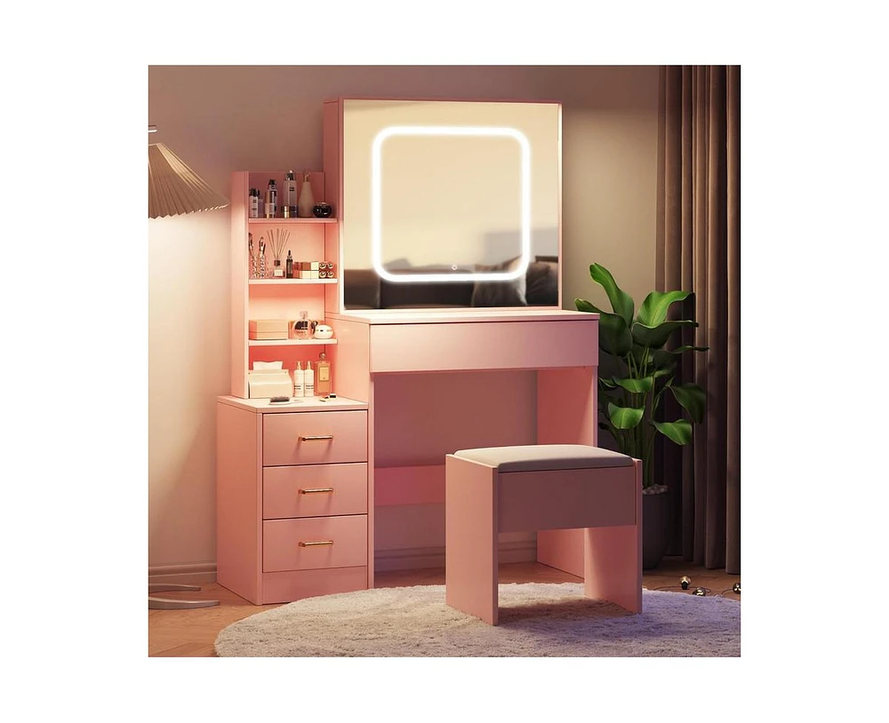 gaomon Vanity Desk with Mirror and Led Lights, Makeup Vanity Desk with Sliding Lighted Mirror, Charging Station, Dressing Table with 4 Drawers, Storag