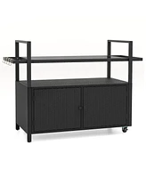 Slickblue Rolling Wicker Outdoor Bar Cart with Tempered Glass Top, Storage Cabinet, and Hooks