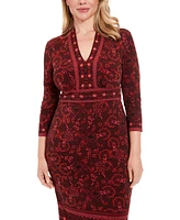 London Times Women's Placed Print 3/4-Sleeve Jersey Sheath Dress