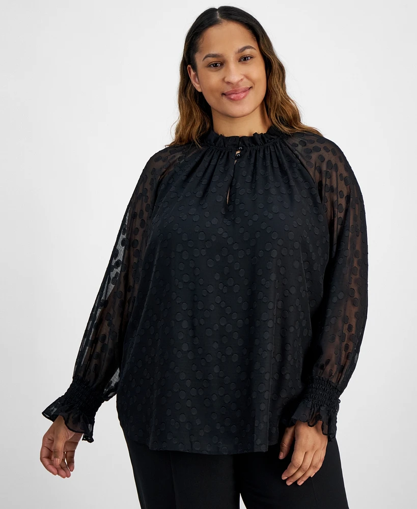 Anne Klein Plus Clip-Dot Ruffled-Trim Blouse