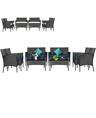 Gymax 8PCS Outdoor Furniture Set Patio Rattan Conversation Set w/ Navy & Off White Cushion