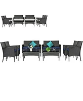 Gymax 8PCS Outdoor Furniture Set Patio Rattan Conversation Set w/ Navy & Off White Cushion