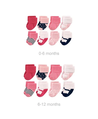 Luvable Friends Baby Girls Grow with Me Cotton Terry Socks, Navy Mary Jane, 0-6 and 6-12 Months