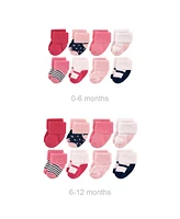 Luvable Friends Baby Girls Grow with Me Cotton Terry Socks, Navy Mary Jane, 0-6 and 6-12 Months
