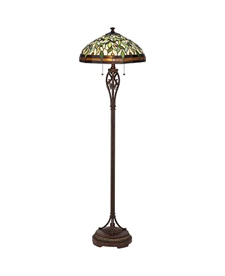 Robert Louis Tiffany Leaf and Vine Ii Traditional Victorian Tiffany Style Floor Standing Lamp 60" Tall Bronze Gold Amber Green Stained Glass Dome Shad